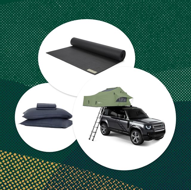 collage of a yoga mat, sheets, and a rooftop tent on an suv
