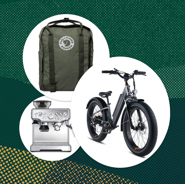 collage of electric bike backpack and expresso maker