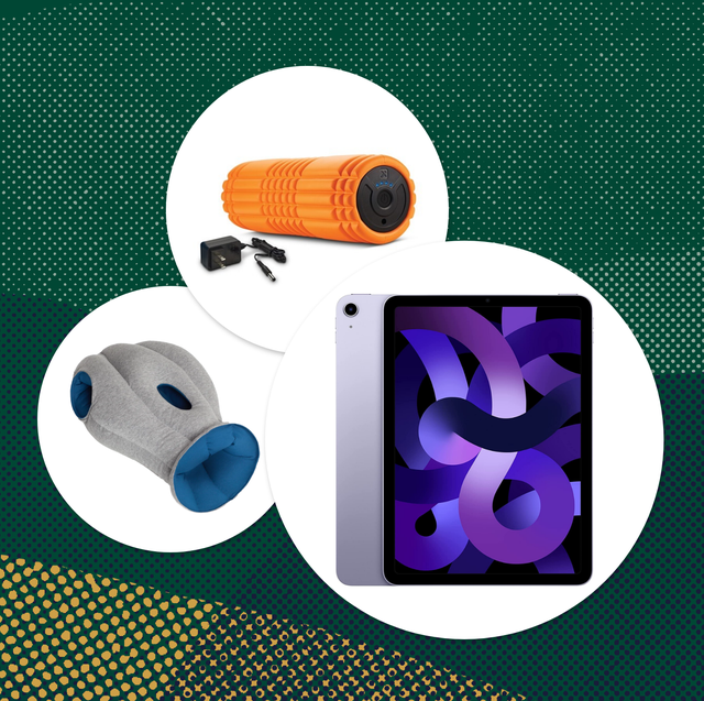 collage of a foam roller, nap pillow, and ipad