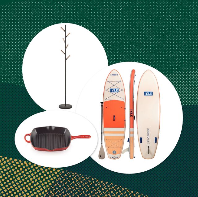 collage of a coat rack, pan, and stand up paddleboard