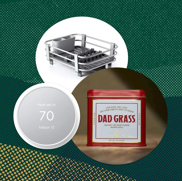 collage of a thermostat, dish rack, and dad grass