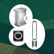 collage of a trashcan, dyson fan, and air filter