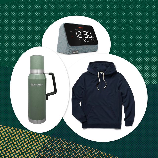 alarm clock, thermos, and hoodie