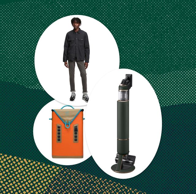 collage of man wearing gap jeans, an orange backpack cooler, and a samsung cordless vacuum