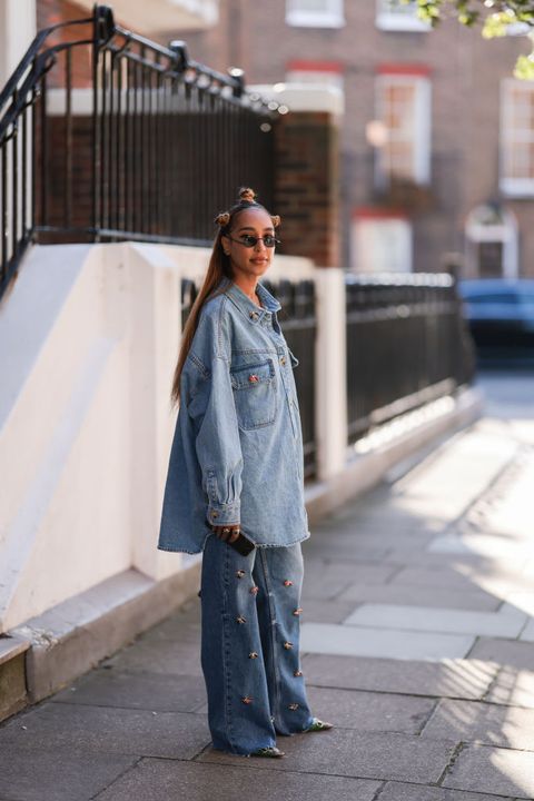 london, england   september 17 a fashion week guest seen wearing a denim look, outside paul and joe during london fashion week september 2022 on september 17, 2022 in london, england photo by jeremy moellergetty images