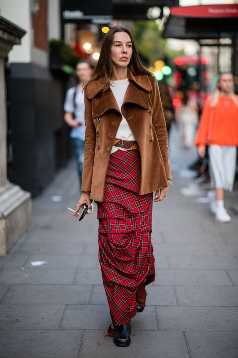 london, england   september 14 estelle chemouny pigault is seen wearing brown jacket, plaid red skirt, chloe bag outside awake during london fashion week september 2019 on september 14, 2019 in london, england photo by christian vieriggetty images