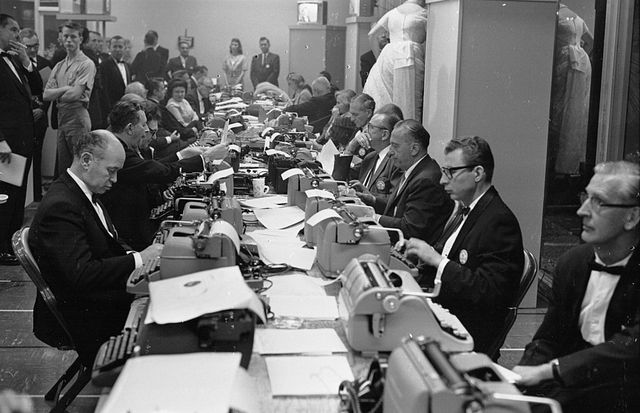 11th april 1962  journalists typing up their reports in the press room at the oscars award ceremony in hollywood  photo by william lovelaceexpressgetty images