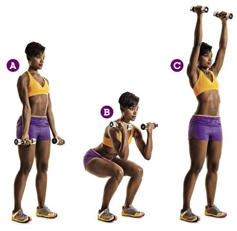 Dumbbell Curl to Squat to Press