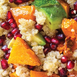 complex carbs quinoa with sweet potato, avocado, and pomegranate