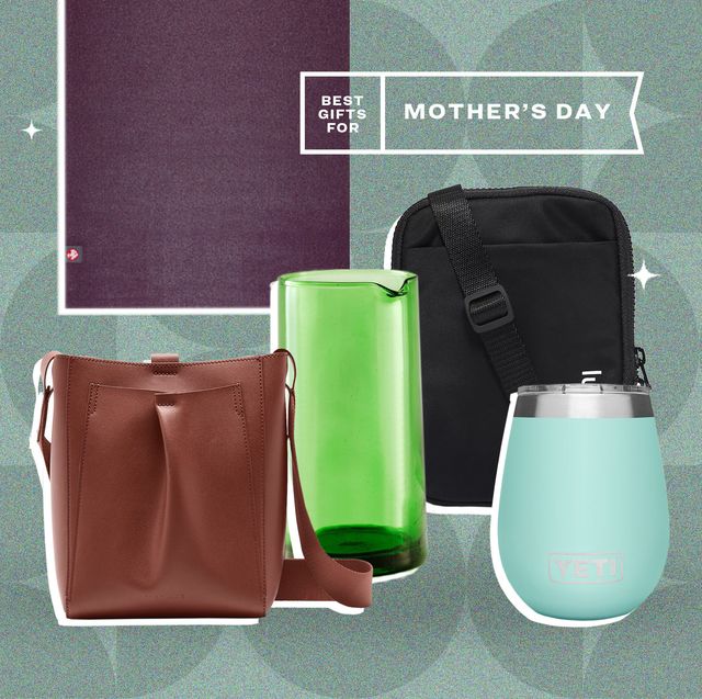 gift guide for mother's day yoga mat, purse, black bag, green pitcher, and sky blue yeti rambler cup