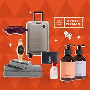 collage of a sleep mask, hard luggage, watch, linen sheet set, card holder, glossier product, shampoo and conditioner, and apple airpods