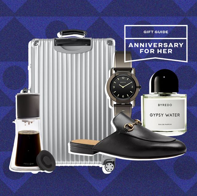 gift guide annivesary gifts for her suitcase, watch, perfume, shoe, and pour over