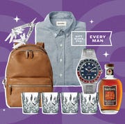collage of a shirt, backpack, pocket knife tool, watch, bar glasses, and a bottle of whiskey