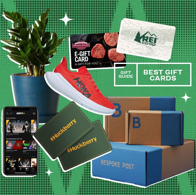 collage of a plant, the espn app on a phone, gift cards, a hoka shoe, and bespoke post boxes