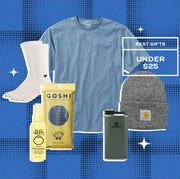 collage of socks, a tshirt, hand sanitizer, a shower towel, a flask, and a beanie