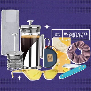 collage of a workout towel, french press, sunglasses, pocket knife, scrunchie, chocolate, and key chain coin purse