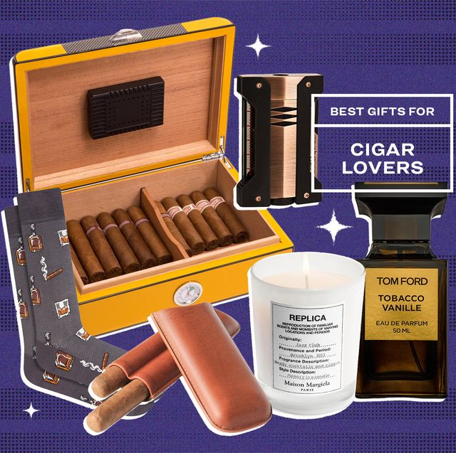 collage of a cigar box, cigar socks, a cigar case, a lighter, a candle, and perfume