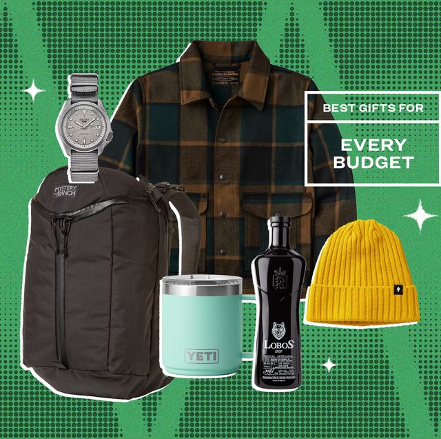 collage of a watch, backpack, flannel, mug, liquor, and beanie hat