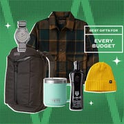 collage of a watch, backpack, flannel, mug, liquor, and beanie hat