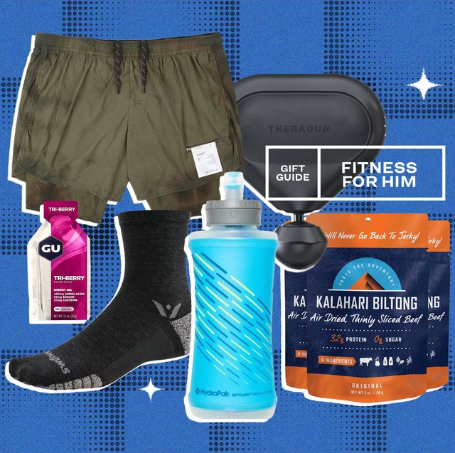 collage of fitness shorts, a theragun, socks, a water bottle, and protein supplements