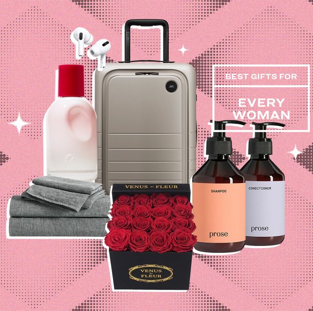 collage of face wash, towels, airpods, a suitcase, shampoo and conditioner, and a box of a dozen roses