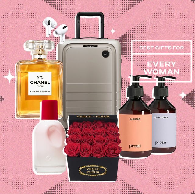 collage of airpods, a suitcase, perfume, a box of roses, and bottles of shampoo and conditioner