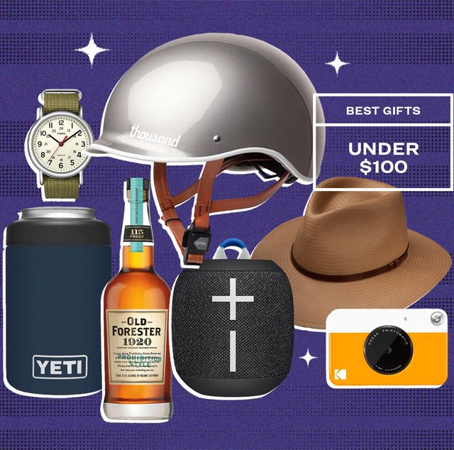 collage of a watch, a helmet, a yeti colster, a bottle of whiskey, a speaker, a stetson hat, and a polaroid camera
