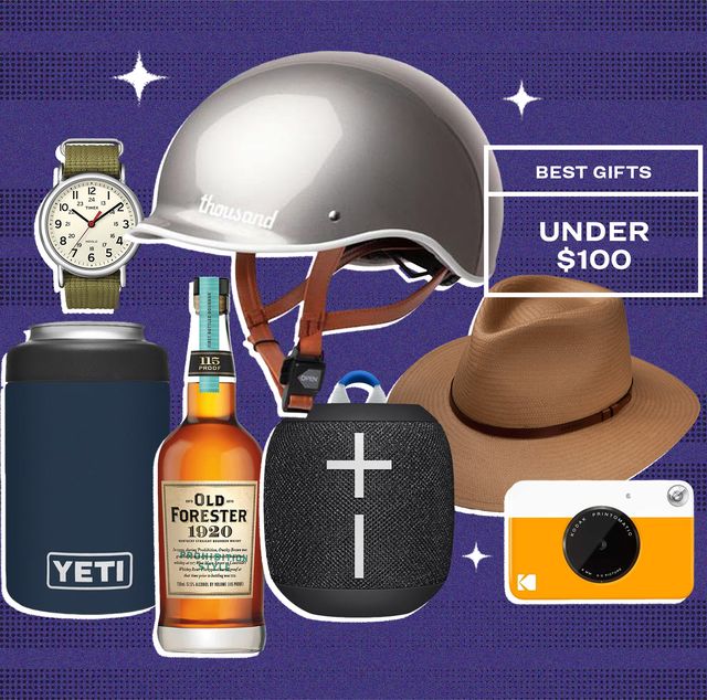 collage of a watch, a helmet, a yeti colster, a bottle of whiskey, a speaker, a stetson hat, and a polaroid camera
