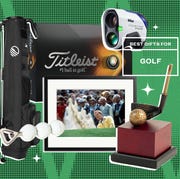 collage of golf supplies including a box of balls, golf bag, bottle opener, framed golf picture, and a trophy