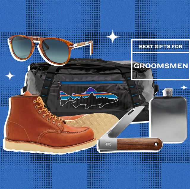 collage of sunglasses, a duffel bag, boots, a pocket knife, and a flask