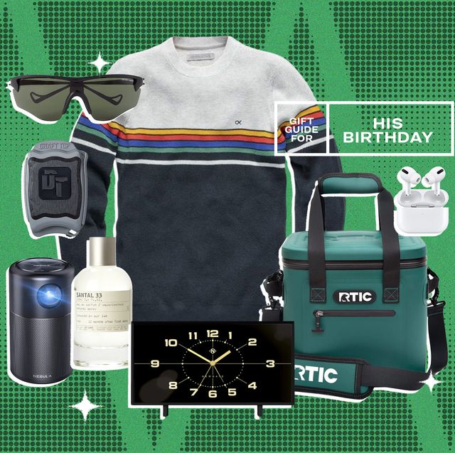 collage of sunglasses, a bottle opener, a light, a bottle of fragrance, a clock, a cooler, a sweater, and earbuds on a green background