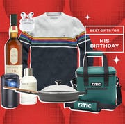 collage of a sweater, airpods, whiskey, a projector, perfume, a pan, and a cooler