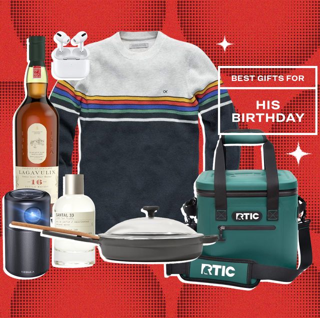 collage of a sweater, airpods, whiskey, a projector, perfume, a pan, and a cooler