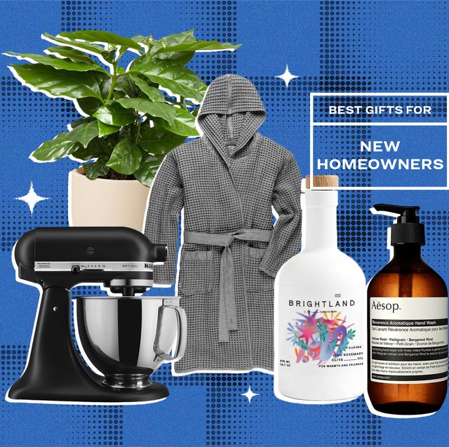 collage of a plant, robe, kitchenaid mixer, olive oil bottle, and hand soap