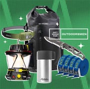 collage of a head lamp, a backpack, a camp lamp, a thermos, a knife, and straps