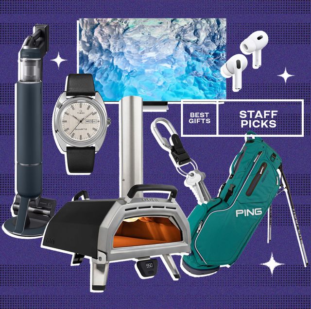 collage of a vaccuum, a pizza oven, a watch, a tv, a keychain, airpods, and a golf bag
