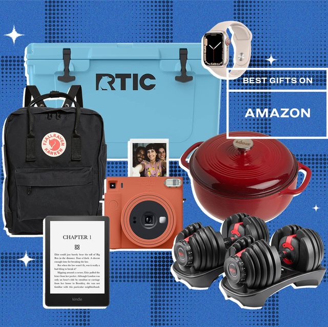 collage of a cooler, apple watch, black backpack, amazon kindle, camera, weights, and a dutch oven