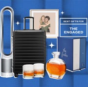 collage of a dyson fan, luggage, bar glass and bottle set, photo keepsake box, and personalized picture