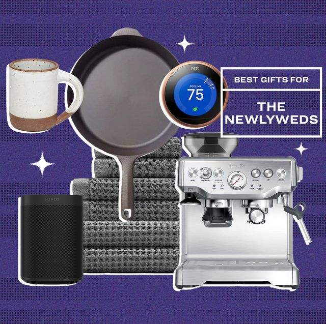 collage of a mug, cast iron pan, thermostat, towels, a speaker, and an espresso maker