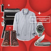 collage of a traeger grill, button down shirt, boots, a watch, and a pocket knife