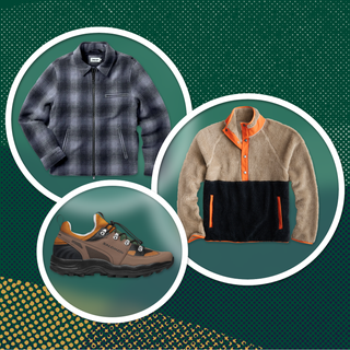 collage of a fleece, a flannel, and hiking boot