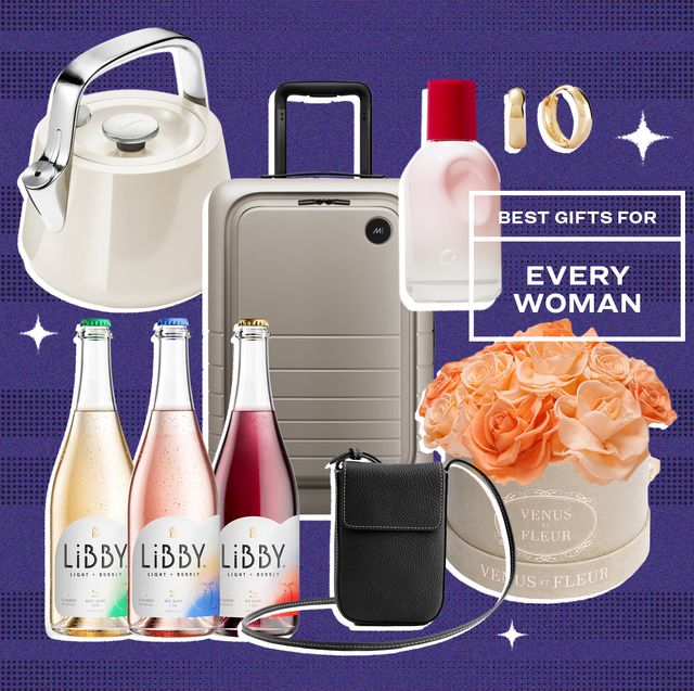 collage of a tea kettle, a suitcase, face wash, earrings, bubbly bottles, a purse, and roses