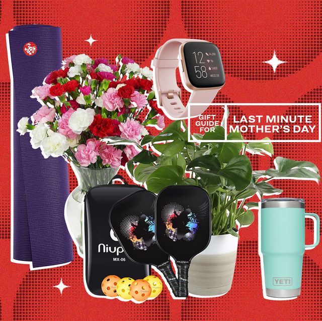 collage of a yoga mat, flowers, a fitbit watch, a tumbler, a plant, and a pickleballs et