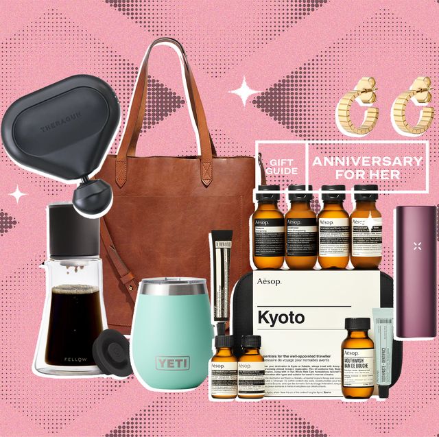 collage of a massage gun, a coffee cup, a yeti cup, a skincare bundle, earrings, a leather bat, and a vape pen