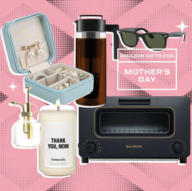 collage of a jewelry box, sunglasses, a mister, a candle, a toaster oven, and a coffee thermos