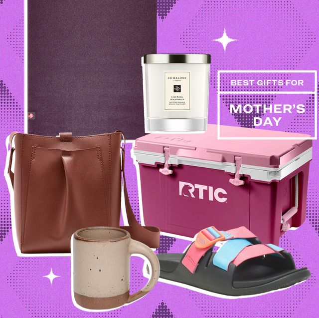 collage of a yoga mat, a purse, a candle, a mug, a sandle, and a pink cooler