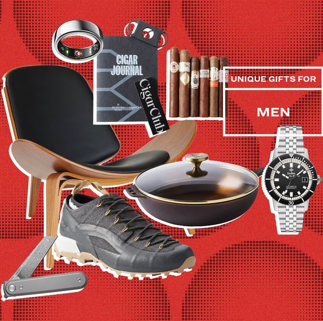 collage of a ring, a cigar set, a chair, a hiking shoe, a pan, a watch, and a knife