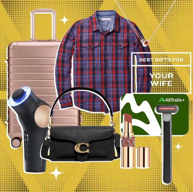 collage of a suitcase, flannel, necklace, purse, skincare tech tools, lipstick, and a gift card