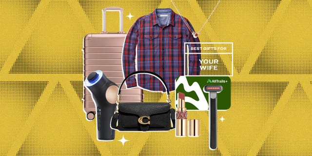 collage of a suitcase, flannel, necklace, purse, skincare tech tools, lipstick, and a gift card