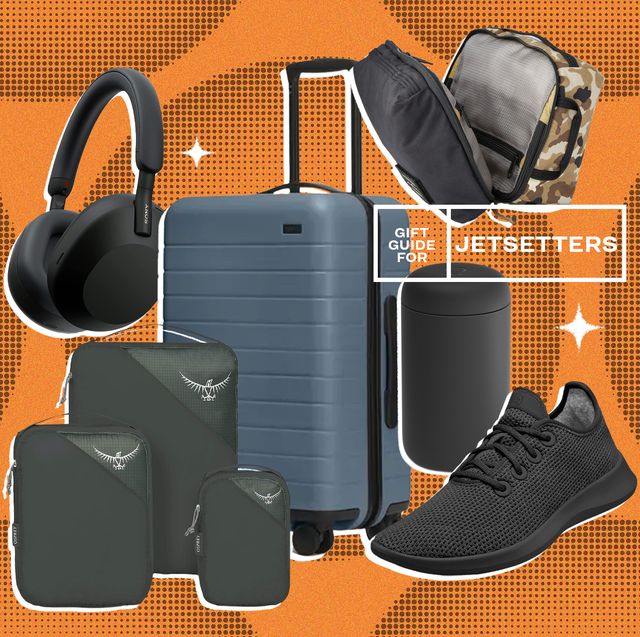 collage of headphones, a suitcase, packing cubes, a thermos, a shoe, and a toiletry bag